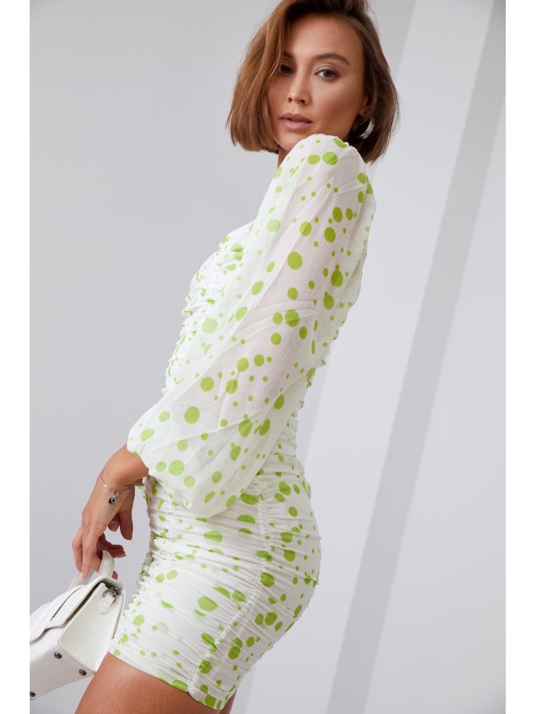 Rochie drapată cu buline, crem și lime 2940 - Magazin online - Boutique